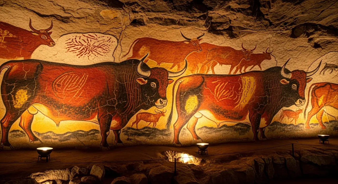 Salle des Taureaux de Lascaux, aurochs monumentaux peints en ocre rouge et noir