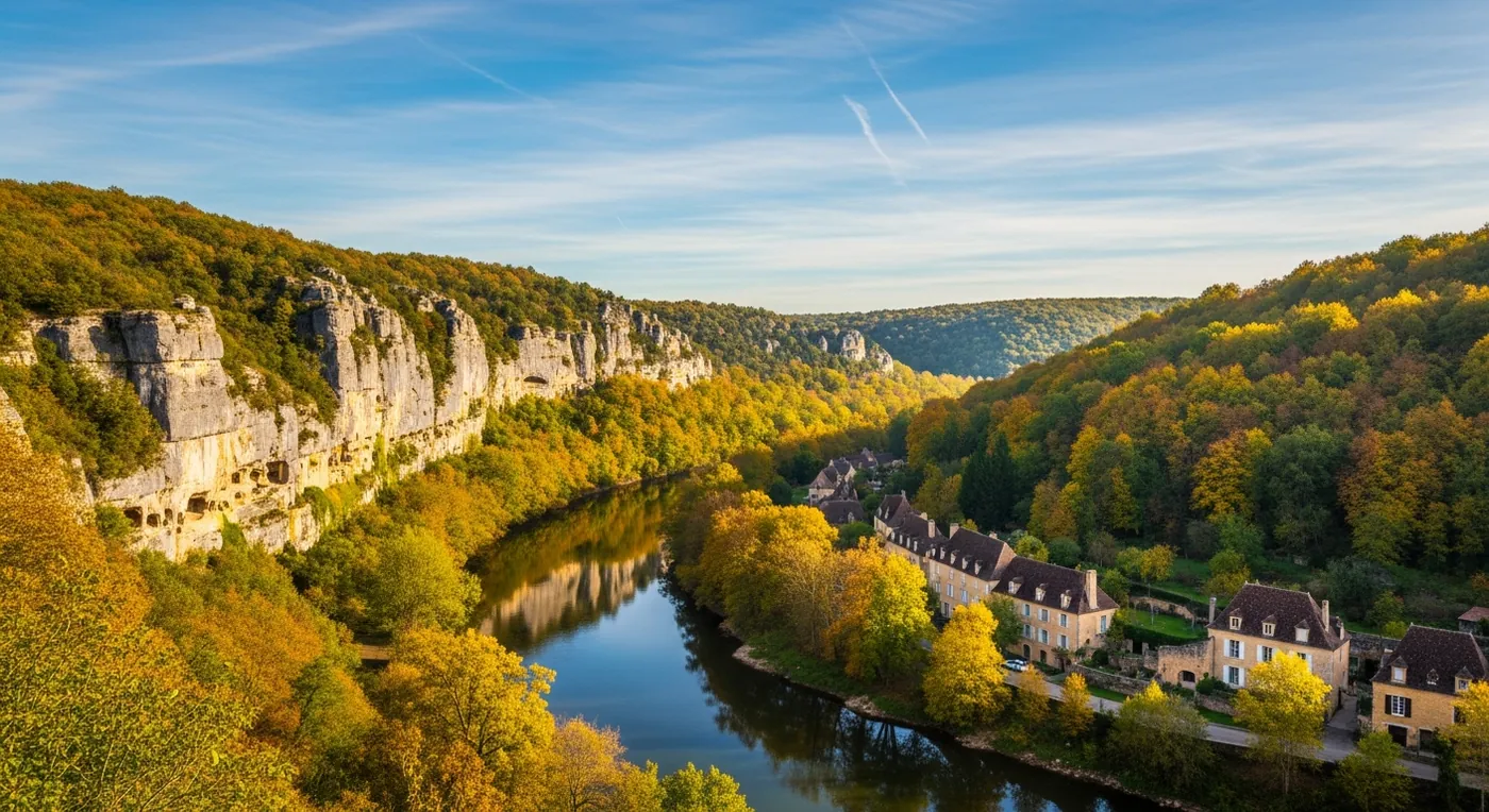 Vallée de la Vézère en automne, falaises calcaires, classée UNESCO depuis 1979 avec 15 sites préhistoriques