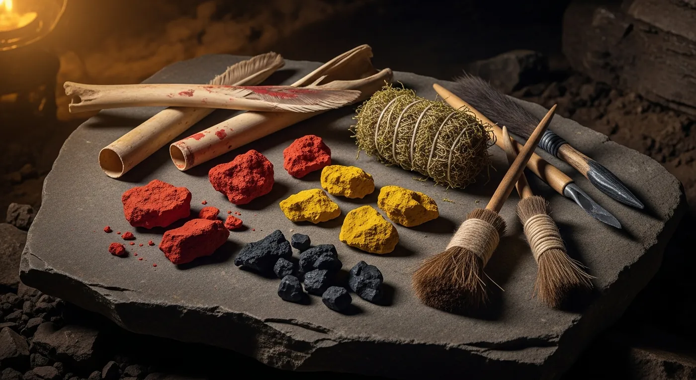 Pigments et outils magdaléniens : ocre rouge, manganèse, os creux pour soufflage, art rupestre préhistorique